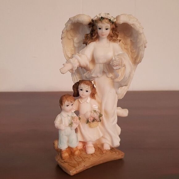 Vintage Glittery Resin Guardian Angel with Children Boy and Girl - Picture 1 of 10